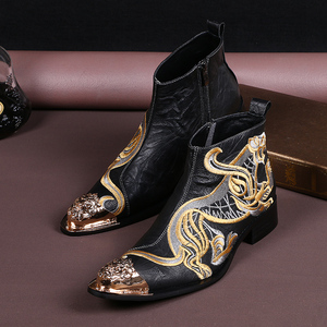 NA025 Bottines classiques à bout pointu pour hommes en <span class=keywords><strong>cuir</strong></span> véritable <span class=keywords><strong>noir</strong></span> <span class=keywords><strong>Bottes</strong></span> de dragon brodées à hauteur augmentée grande taille - Product Image 3
