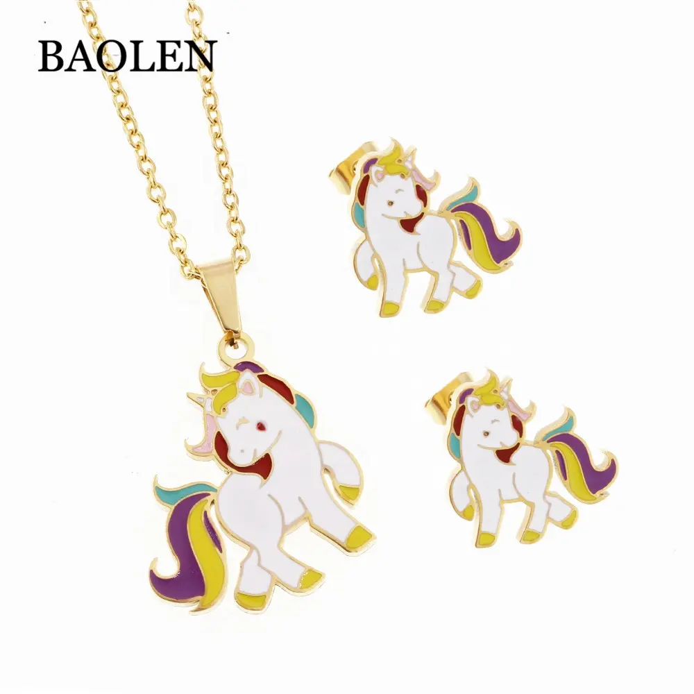 Enamel Stainless Steel New Unicorn Pony TwoのSet Deer Pendant Necklace Earrings Kids Children Cartoon Jewlery Wholesale