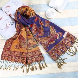 وشاح نسائي فاخر لامع من البوليستر بنمط فراشات ذهبية براقة، شال باشمينا - Product Image 1