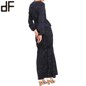 Commercio all'ingrosso OEM Tipo di Alimentazione A Maniche Lunghe Maxi Vestito Musulmano Modello Wrap Top Set Navy Polka Dot Stampato Moderna Baju Kurung kurung - Product Image 3