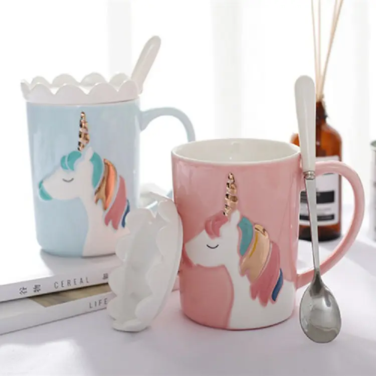 Mug Kartun Unicorn Kreatif, Hadiah Cangkir Keramik Unicorn untuk Anak-anak