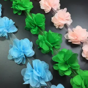 12個の花3Dシフォンクラスター花レースドレス装飾レース生地アップリケトリミング縫製用品OEM 100% ポリエステル