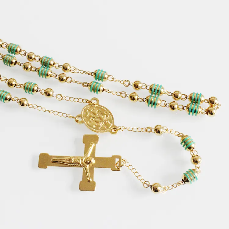 SOQ-Sautoir collana oro religioso catena di perline rosario luminoso in acciaio inox croce ciondolo
