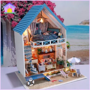 Double Deck Diy With Light Dollhouse And Furniture Doll House Toys Dollhouse Miniatures 1 12 Beach House By The Sea