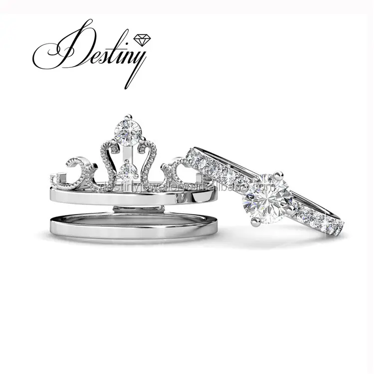 Joias de cristal austríaco premium de prata esterlina 925, joias com anel banhado a ouro 18k, coroa com desenhos e destino