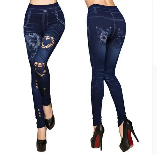 Fashion Slim Women Leggings Faux Denim Jeans Leggings Sexy Hole Heart Printing Casual Women Clothing Pencil Pants Plus size
