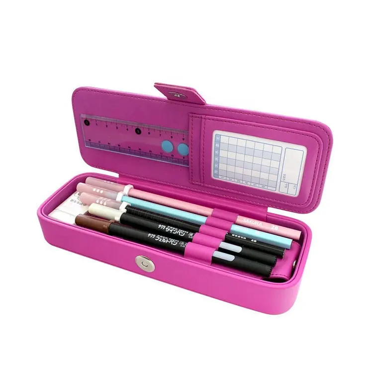 Caixa de lápis de couro personalizada, caixa de lápis multifuncional rosa dos desenhos animados para meninas