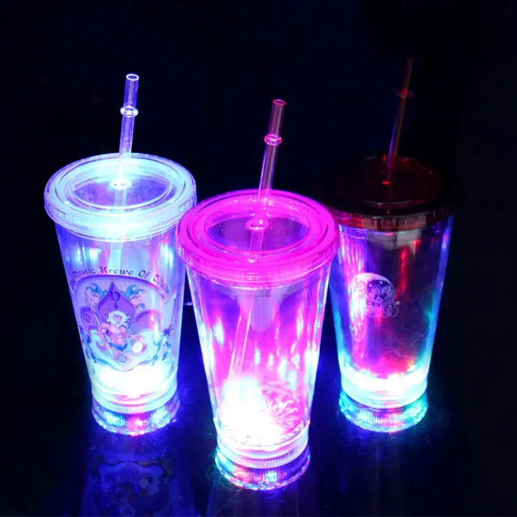 ส่วนบุคคล16ออนซ์นำแสงขึ้นดื่มแก้วผนังคู่พลาสติกที่มีฟาง