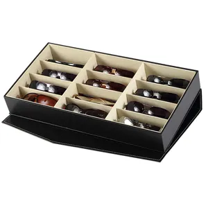 Disegno multiplo In Magazzino Consegna Veloce 12 Slot Pieghevole Nero In Similpelle di Stoccaggio Occhiali Eyewear Box Caso Organizer