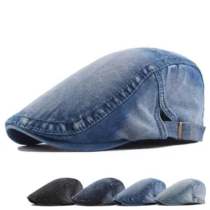 Estilo antigo 100% Denim Algodão Tingido Planície Cap Cabbie Beret Caps Atacado Bonés Hera Hera Jornaleiro Plana Chapéu para Os Homens mulheres