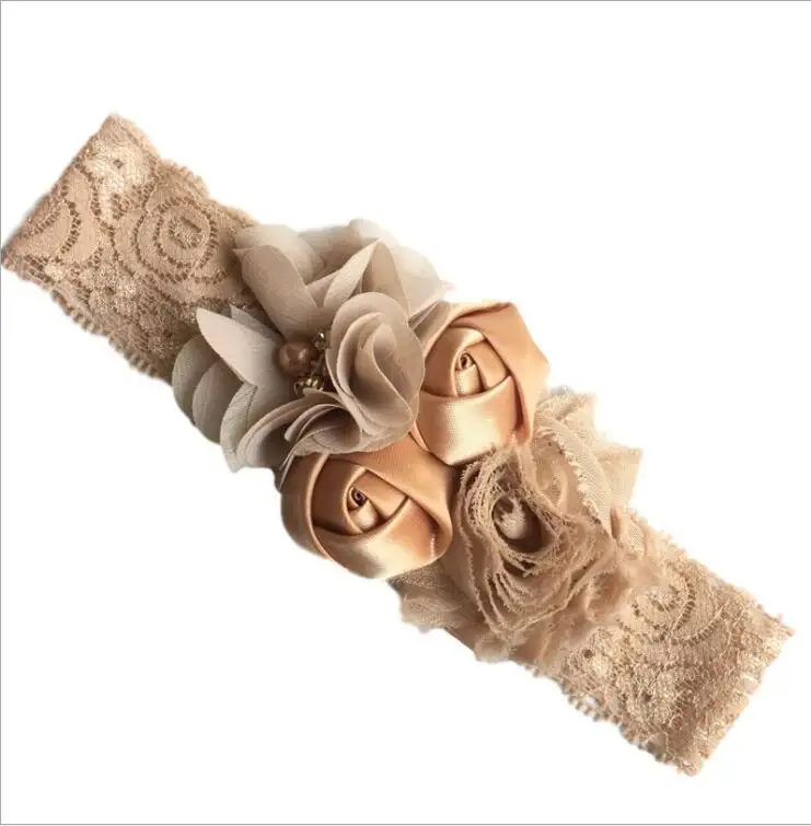 New Fashion Hot children's chiffon flower rose lace rhinestone elastic headband hairband baby hair accessories