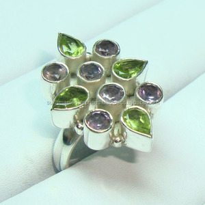 Women <b>Men</b> Purple Amethyst Green Peridot Sterling <b>Silver</b> Handcrafted Multi-gemstone Fine Indian Jewelry Eternity Vermeil - Product Image 1