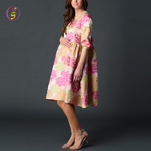 Stampa floreale vestito da balletto raccogliere <span class=keywords><strong>mamma</strong></span> manica ginocchio abito vestiti dalle donne incinte vestiti di maternità - Product Image 2