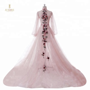 Precioso cuello alto mangas largas abullonadas <span class=keywords><strong>una</strong></span> línea punto tul Rosa vestidos de fiesta de noche con flores hechas a mano de colores - Product Image 3