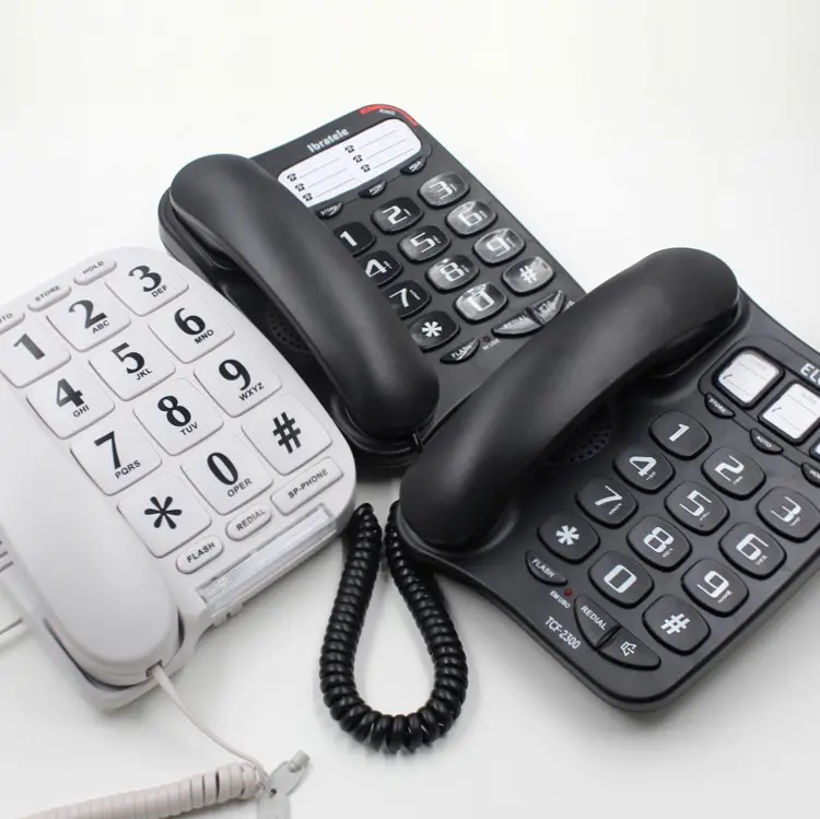 Teléfono con cable básico y botón supergrande para personas mayores, altavoz de sonido y audífono