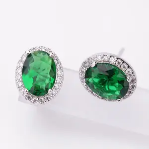 LUOTEEMI Emerald Bông Tai Màu Xanh Lá Cây Trang Sức Thời Trang 4 Tùy Chọn Màu Sắc Hình Dạng Hình Bầu Dục Cubic Zircon Stud Gemstone Earrings Đối Với Phụ Nữ