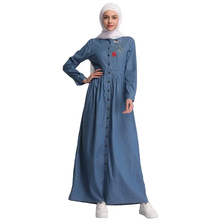 Váy Dạ Hội Thổ Nhĩ Kỳ Thêu Hoa Abaya Denim Hồi Giáo Có Cúc