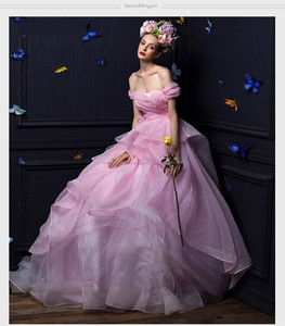 Nouveaux Modèles Appliques A-ligne Off-épaule Cap Manches Parole longueur De Mariée Organza Rose robes De Mariée WD1814 - Product Image 3