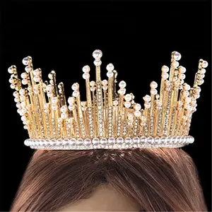 Tiara de corona de perlas de metal para novia, Aro para el pelo redondo de alta calidad, joyería al por mayor barata