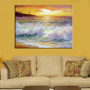 Stampa colorata fatta a mano mare paesaggio dipinto a olio tela alba paesaggio marino con onde tempestose immagine di arte della parete - Product Image 3