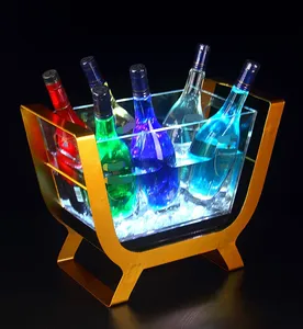 Cubo de hielo acrílico luminoso rectangular, iluminación LED dorada recargable, champán