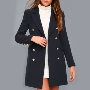 OEM ODM servicio Otoño Invierno manga larga bolsillos con solapa coreano cruzado azul marino mujeres abrigo con botones de oro - Product Image 4