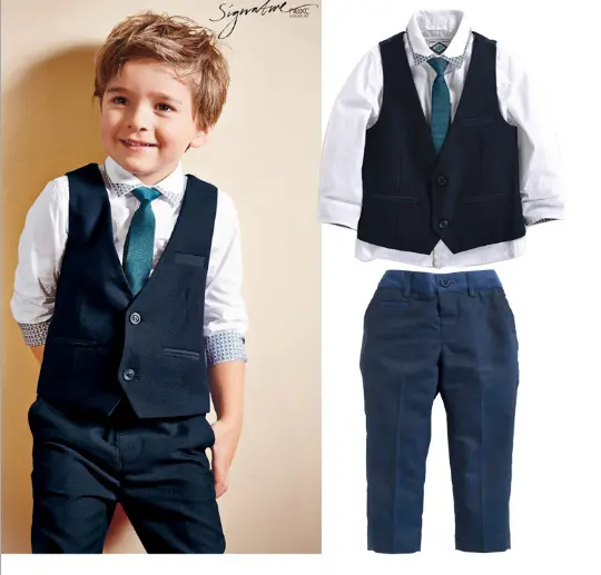 Camiseta de esmoquin con corbata para niños, chaleco y pantalones, conjunto de 3 piezas