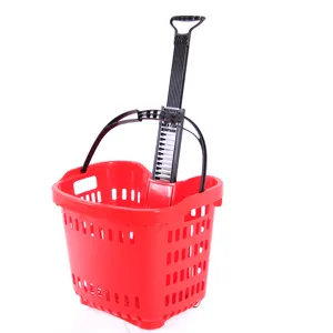 Retail grocery plastic shopping baskets with wheels