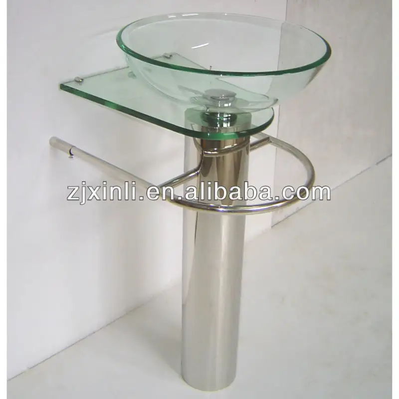Fregadero de Pedestal de baño de cristal templado de alta calidad, cristal transparente con soporte de acero inoxidable
