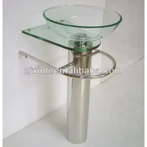 高品质钢化玻璃浴室底座水槽，透明玻璃与不锈钢持有人