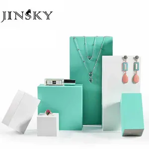 JINSKY pemegang display perhiasan kayu putih blok pernis biru dudukan pajangan perhiasan