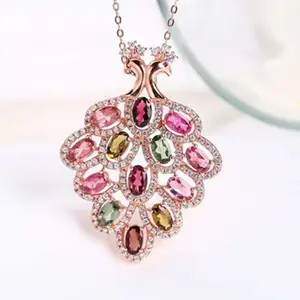 gemstone jewelry manufacture factory 925 sterling silver 18k gold plated 3x5mm natural tourmaline necklace pendant for women