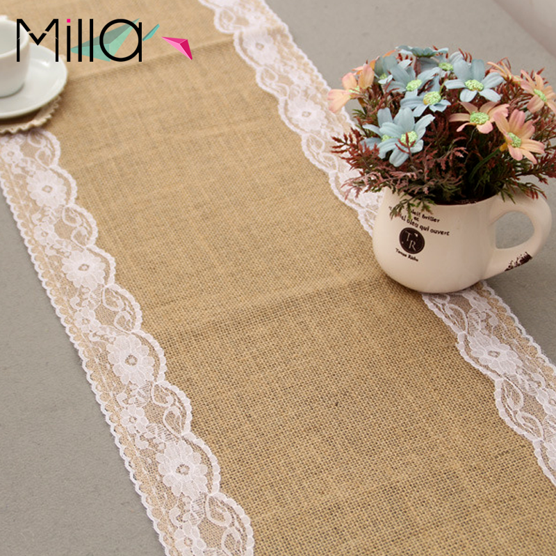 Runner da tavolo in juta con decorazioni in pizzo su due lati
