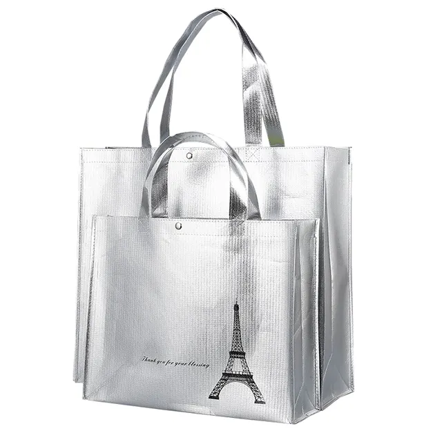 Metallic gold foils laminated non woven fabric green tote shopper bags