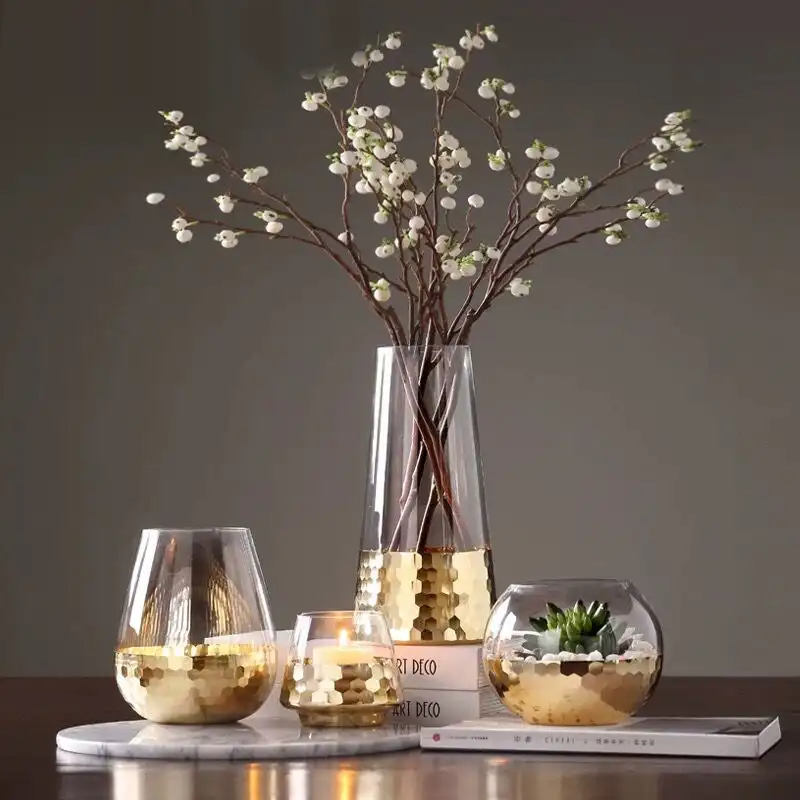 small glass flower vase gold wedding tall glass cylinder vase for home decor glass candle holder