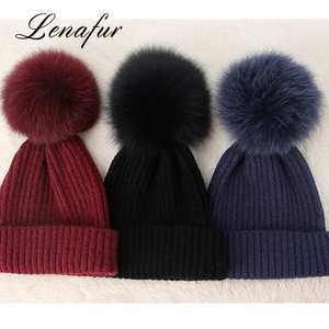Winter wool hats with leather Fox pompom balls cashmere blends made North hats - Product Image 2