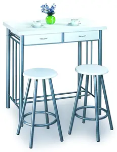 Wit rechthoekige houten top diner bar tafel en 2 krukken kleine ruimtebesparend teller hoogte eettafel set met lade