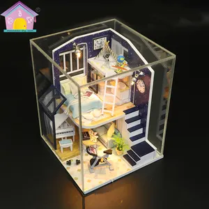 ของเล่นเด็กบ้านตุ๊กตาขนาดเล็กไม้ Diy บ้านของเล่นที่มีฝาครอบฝุ่น