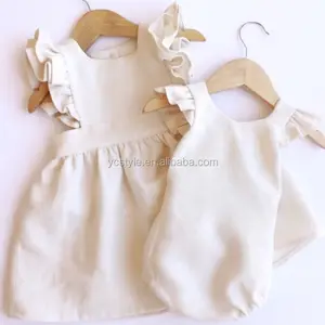 Customizable Matching Sibling Outfits High Quality Linen Baby Romper And Girls Dress