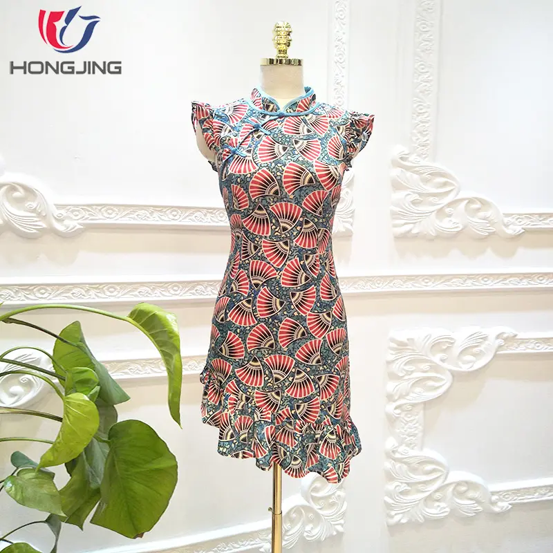 Lady ruffled etek ve kollu cheongsam Fishtail kadin baskı fırfır gece elbisesi çin tarzı Cheongsam ziyafet için