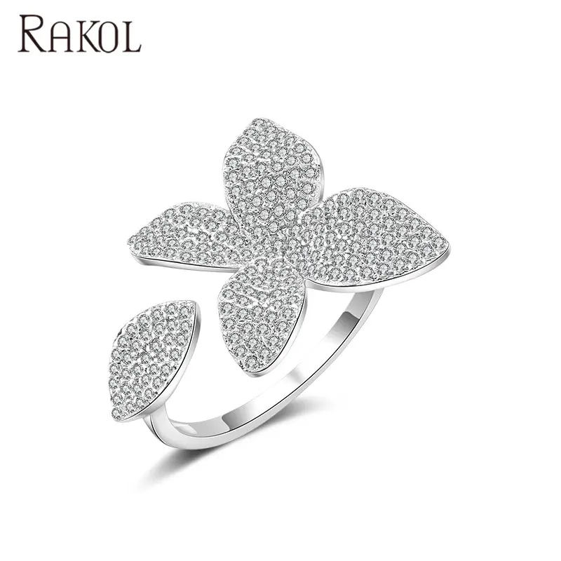 RAKOL RP2034 Wedding Bridal Trang Sức Độc Đáo Đầy Đủ Inlay CZ Zircon Flower Shape Điều Chỉnh Đồng Engagement Mở Nhẫn R2034