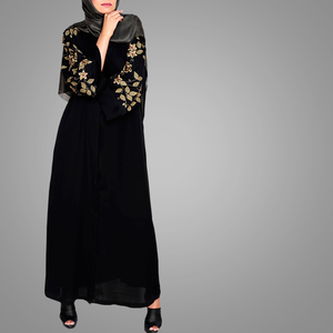 Ricami in oro Bella <span class=keywords><strong>Abaya</strong></span> <span class=keywords><strong>Nero</strong></span> del Vestito A Maniche Lunghe Vestito Arabo Dubai Stile Elegante Anteriore Aperto <span class=keywords><strong>Abaya</strong></span> - Product Image 2