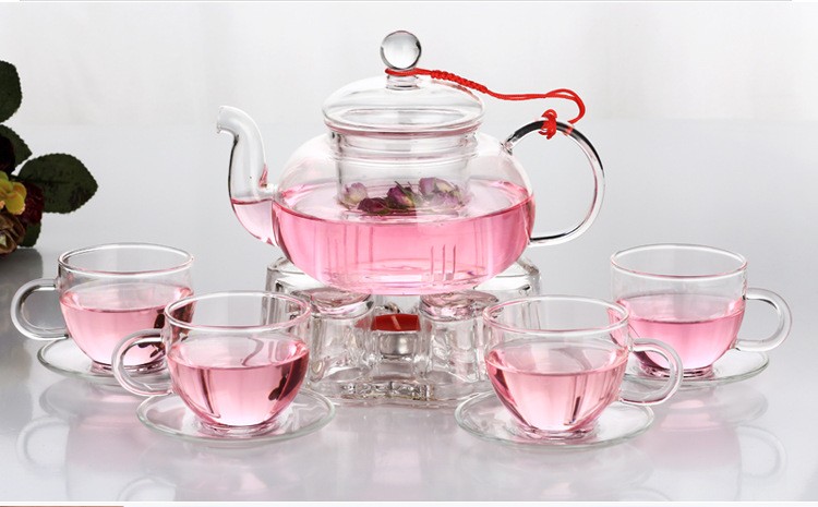 borosilicate Glass Filtering Tea Maker Teapot with a Warmer and 6 Tea Cups Set