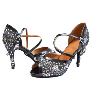 现货最新款网布 + PU 拉丁舞蹈鞋高跟鞋女莎莎探戈 2.3 英寸黑色拉丁舞鞋舞鞋