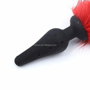 <span class=keywords><strong>Plug</strong></span> Anal de Pêlo Real Colorido Arco-Íris de Comprimento Longo ou Curto com Parada de Silicone Preta - Product Image 6