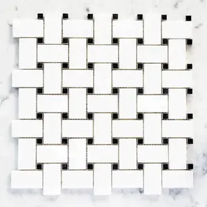 Decorstone24 Hot Sale Thassos White Marble Basketweave Mosaic Tile White Black Dots