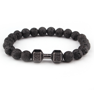 regalo Al Por Menor para hombre nueva aleación de metal Barra Dumbell y <span class=keywords><strong>Roca</strong></span> de lava piedra perlas de fitness moda pulseras - Product Image 5