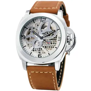 FORSINING 时尚男士自动机械手表棕色皮革表带豪华骨架拨号 3D 指标设计名牌手表