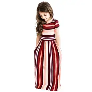 YSMARKET 스트라이프 프린트 드레스 어린이 의류 캐주얼 여름 짧은 소매 맥시 긴 드레스 스트레이트 키즈 EW363