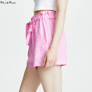 Primavera Verano Mujer Casual Cintura elástica Pantalones cortos de verano Pantalones cortos de lino rosa con cordón - Product Image 2